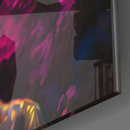 Vibrant pink purple neon dragon glass wall art with gold blue glow