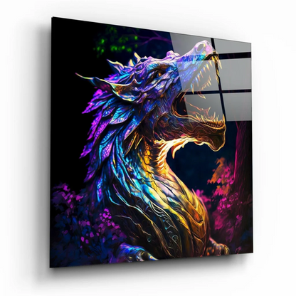 Vibrant iridescent neon dragon glass wall art with pink purple glow