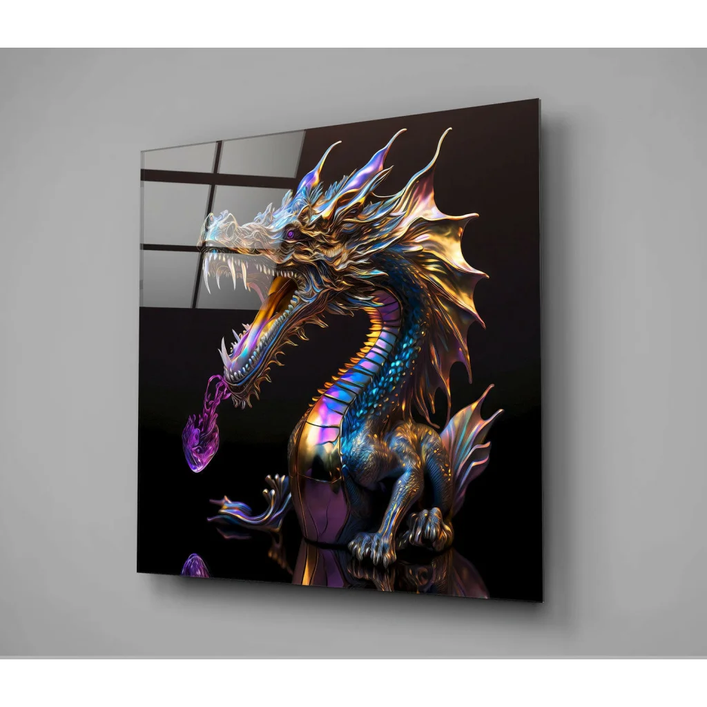 Vibrant iridescent dragon glass wall art with gold blue scales and glowing purple flames