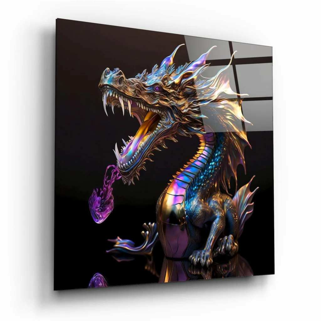 Vibrant iridescent dragon glass wall art with glowing purple flames