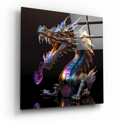 Vibrant iridescent dragon glass wall art with glowing purple flames