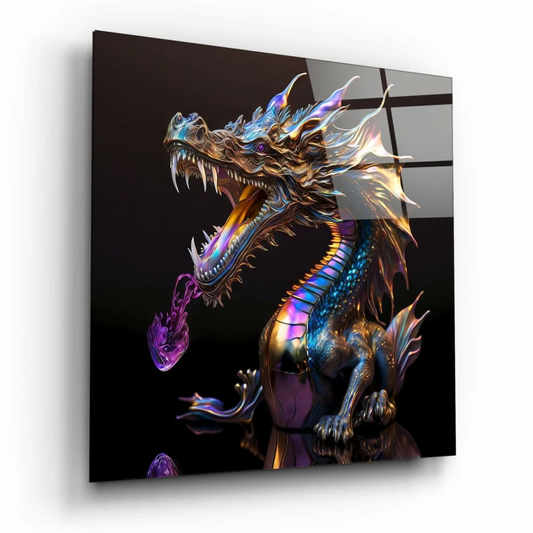 Vibrant iridescent dragon glass wall art with glowing purple flames