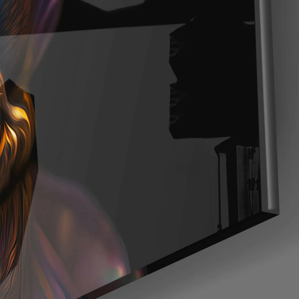 Vibrant abstract portrait in Stunning Dragon Glass Wall Art with purple flames