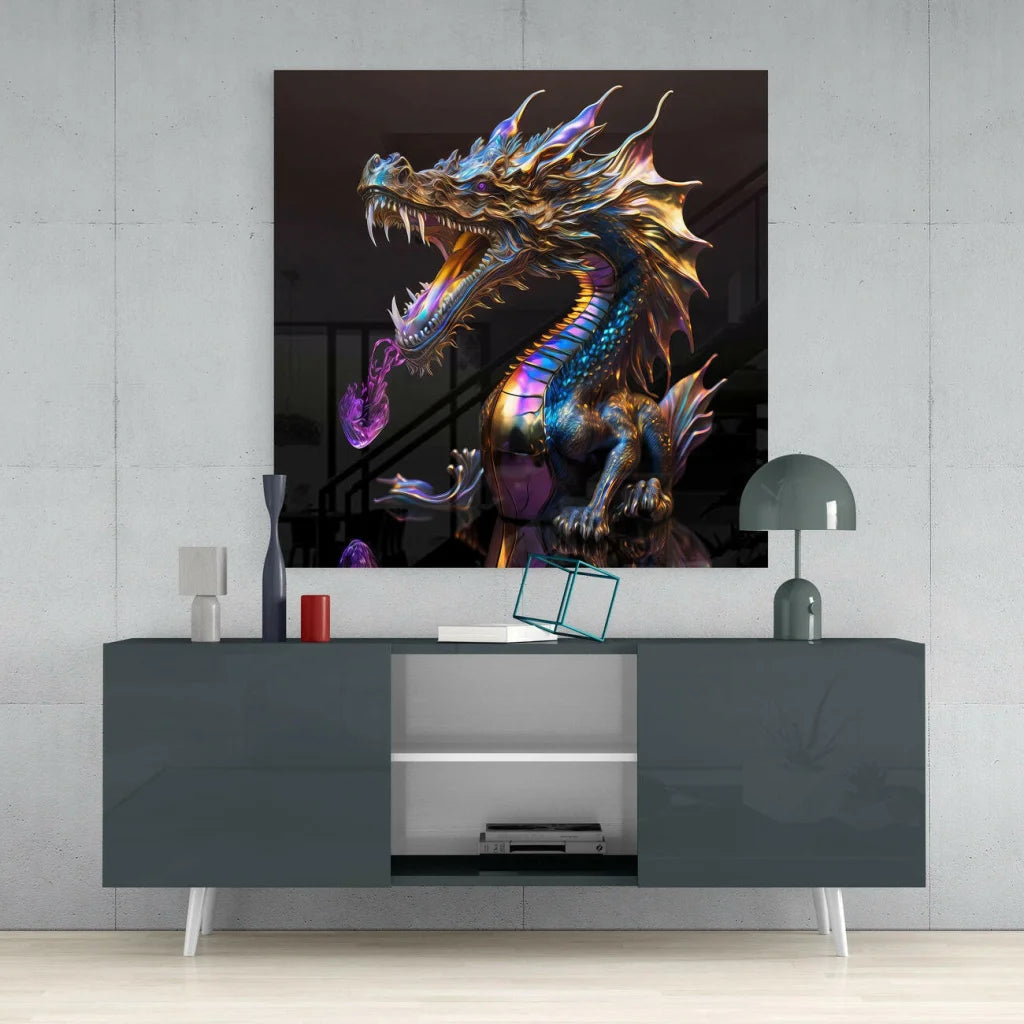 Vibrant iridescent dragon glass wall art with glowing purple flames