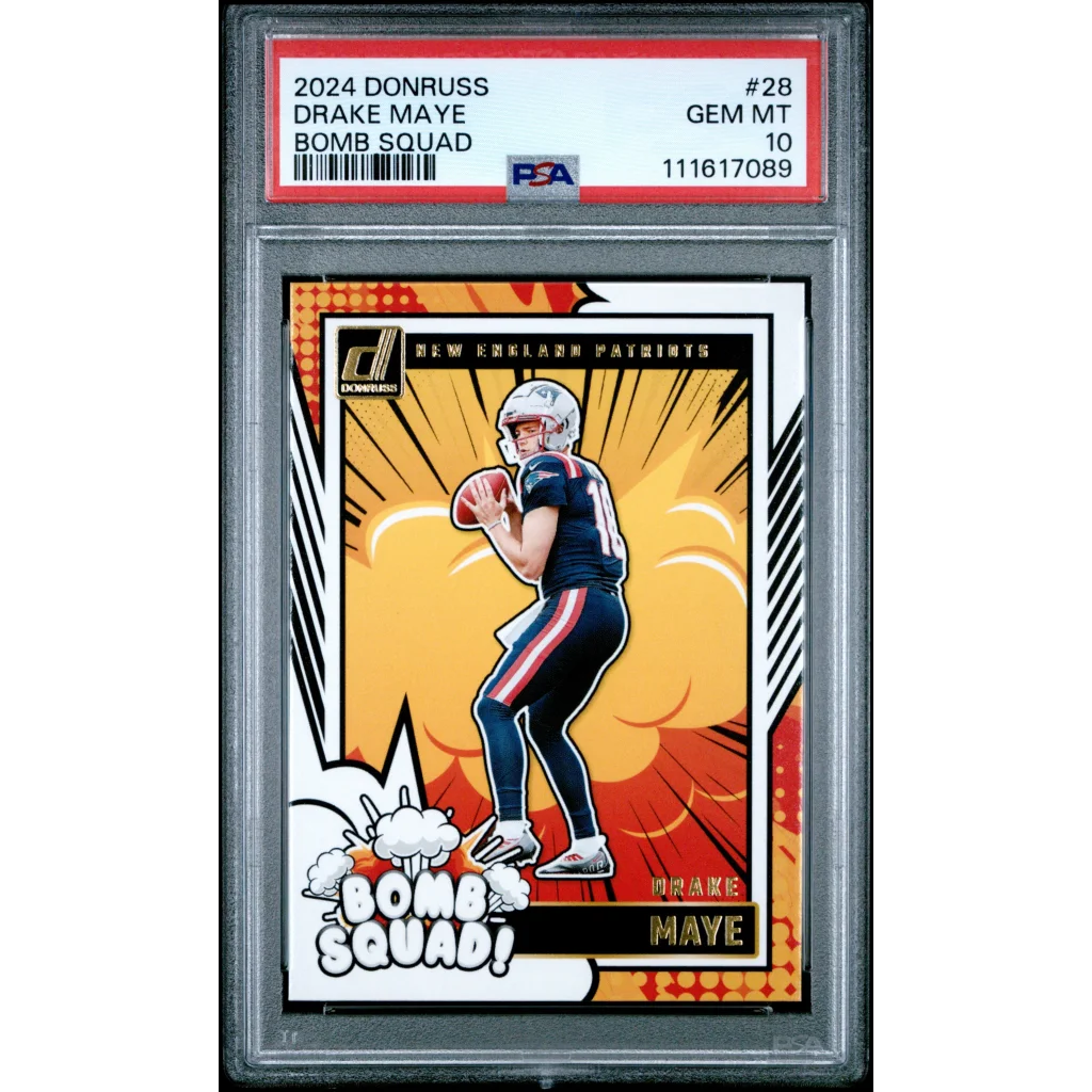 2024 Donruss Drake Maye Bomb Squad Rookie Card in Jets Uniform PSA Graded