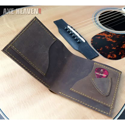 Brown genuine leather Dreadnought Acoustic Guitar Wallet by Axe Heaven with pick holder