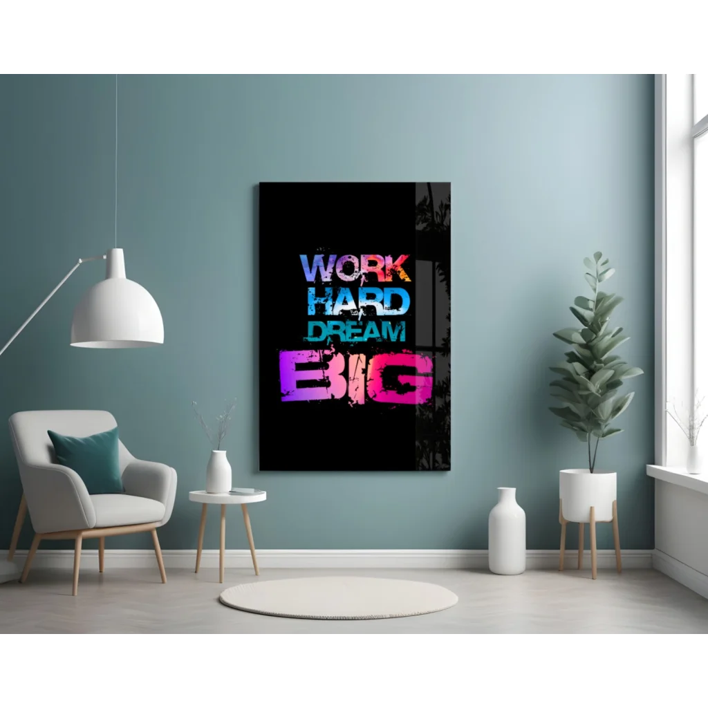 Vibrant neon multicolor dream big glass wall art with graffiti text on black background
