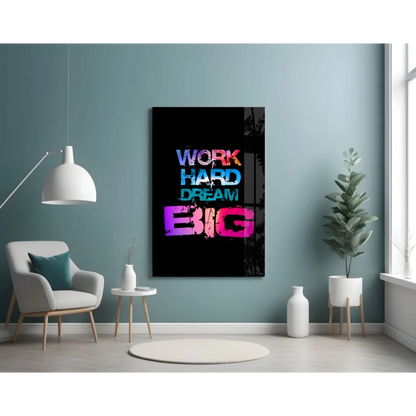 Vibrant neon multicolor dream big glass wall art with graffiti text on black background