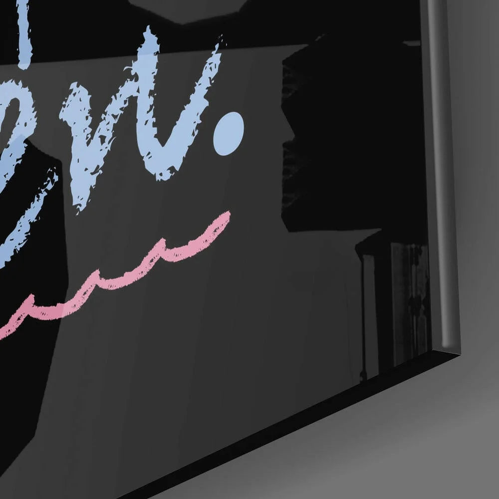 Sleek black glass wall art with dream big pink blue lettering