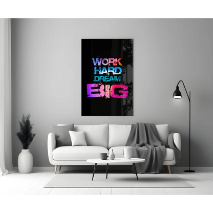 Vibrant multicolor dream big glass wall art with graffiti text