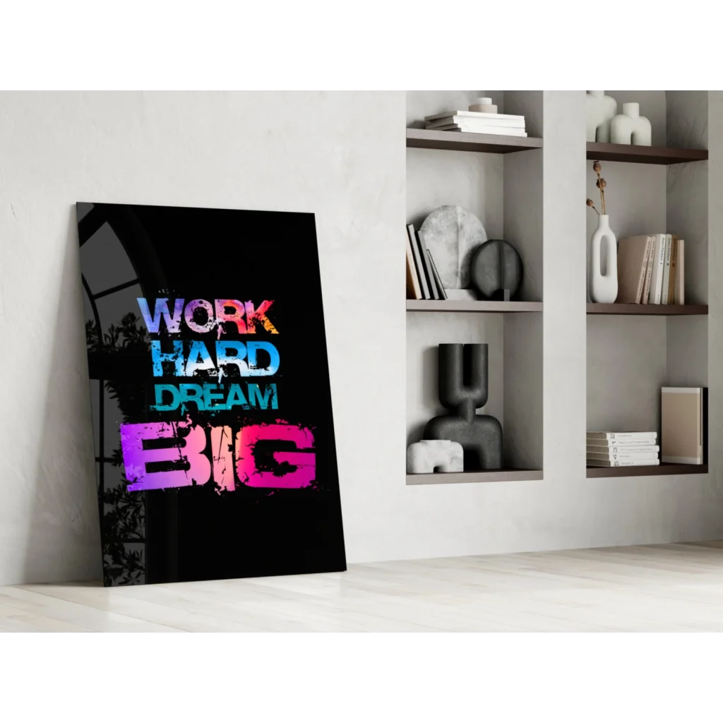 Vibrant multicolor dream big glass wall art with graffiti style text