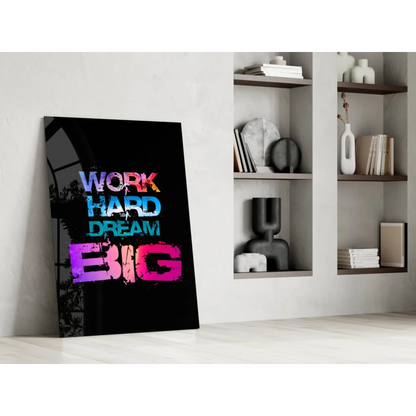 Vibrant multicolor dream big glass wall art with graffiti style text