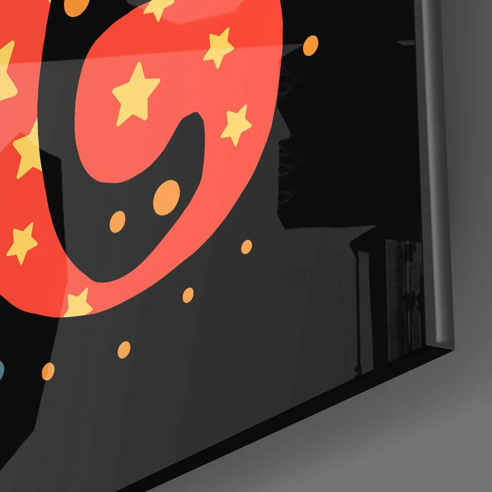 Vibrant red black cartoon glass wall art poster with smiling face stars and bold Dream Big lettering