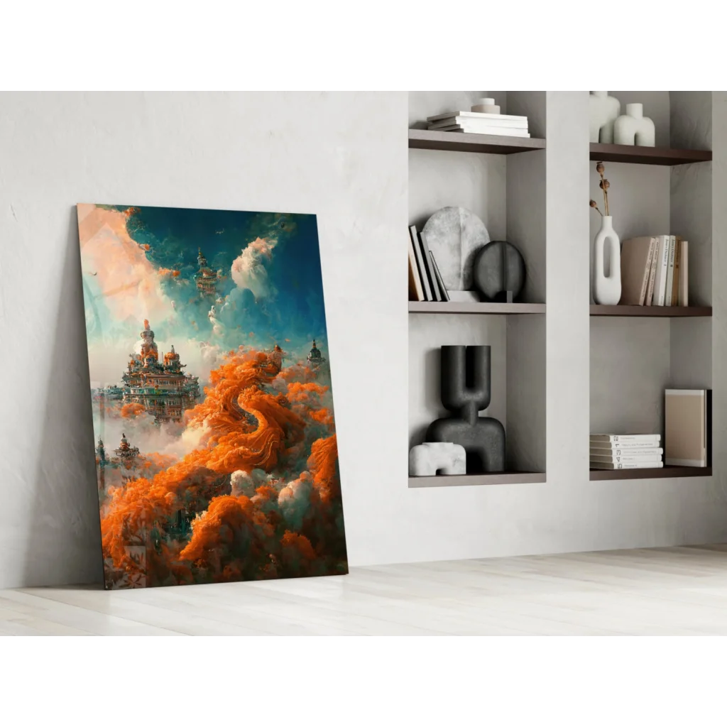 Vibrant glass wall art of floating city in orange teal clouds