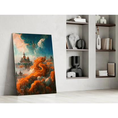 Vibrant glass wall art of floating city in orange teal clouds