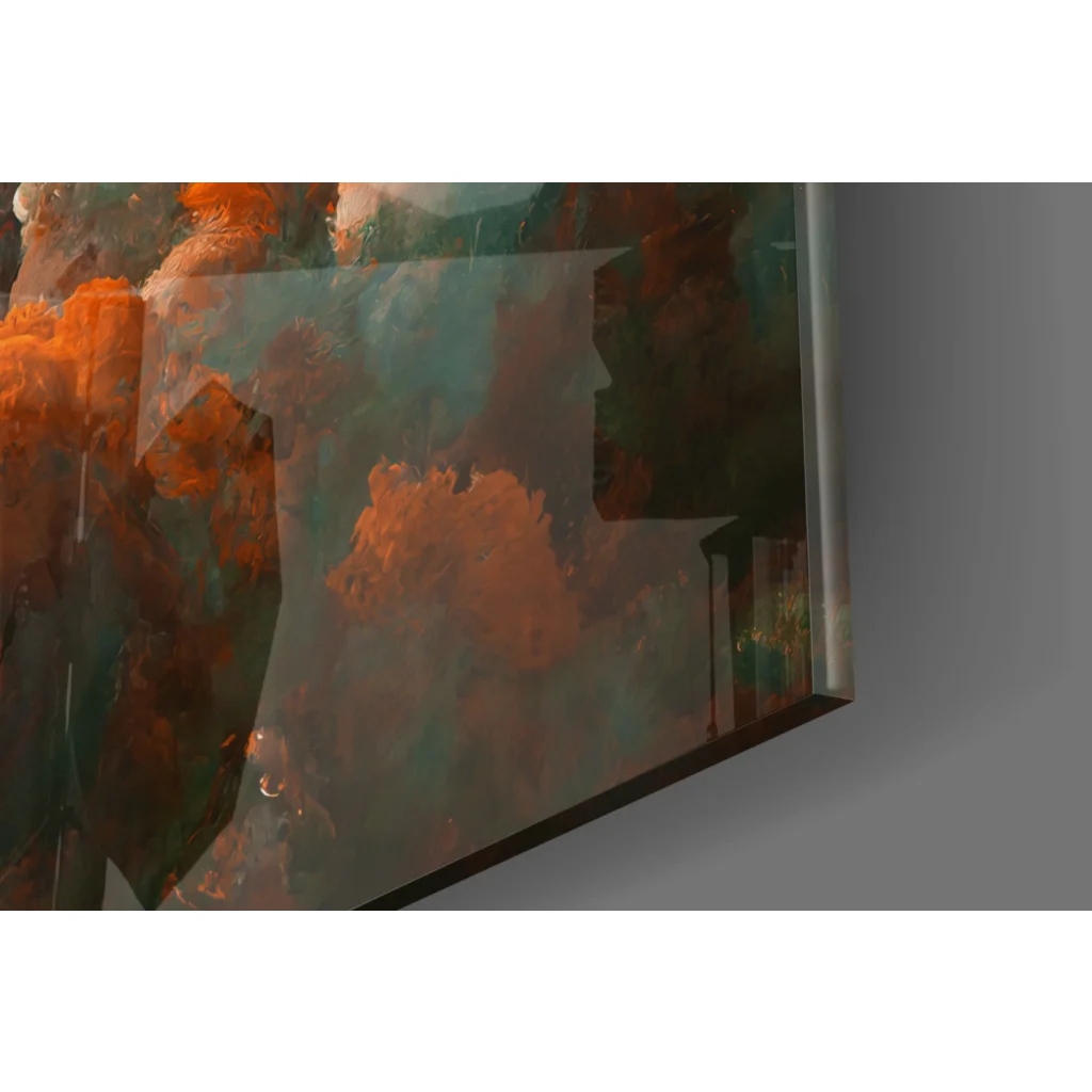 Abstract glass wall art with swirling orange and teal brushstrokes
