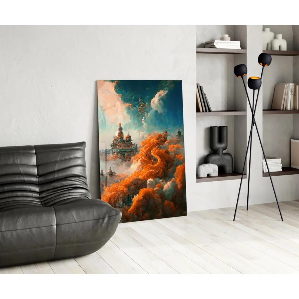 Vibrant glass wall art of fantastical cityscape with orange teal clouds