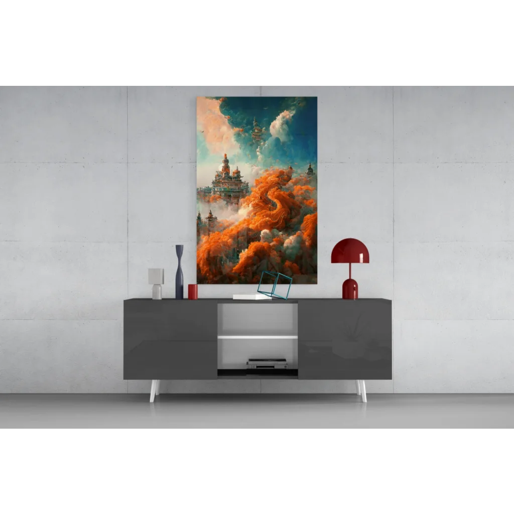Vibrant glass wall art of fantasy castle in orange teal clouds on console