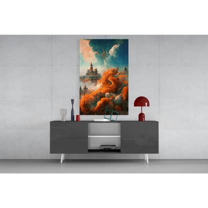 Vibrant glass wall art of fantasy castle in orange teal clouds on console
