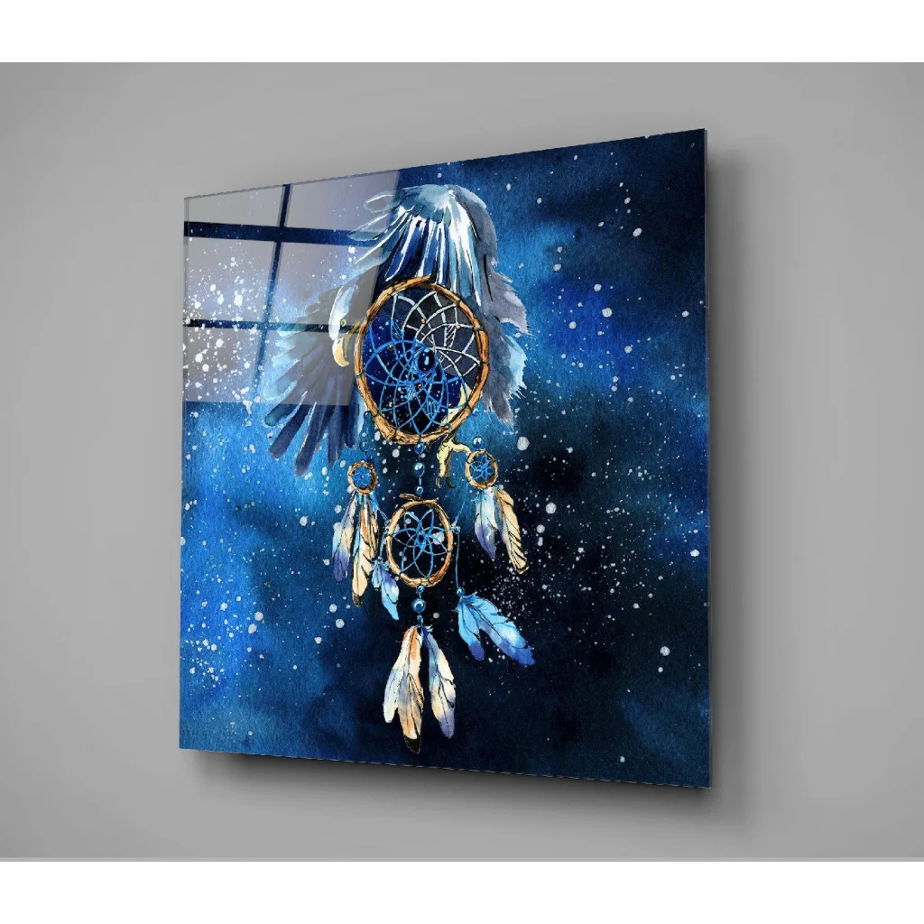 Mystical Blue Dreamcatcher Glass Wall Art Under Starry Skies | Modern Wall Art Decor | vintageantiquesgifts.com