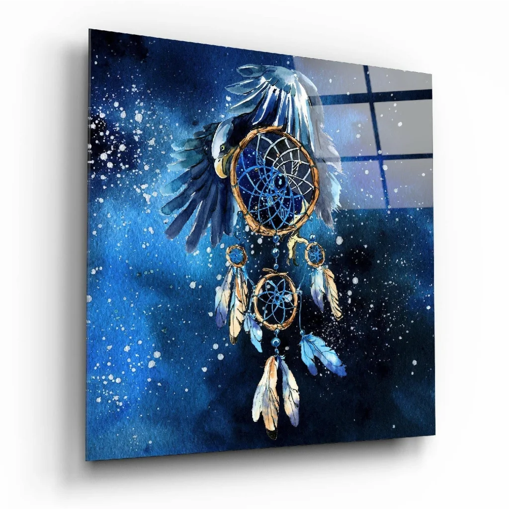Mystical Blue Dreamcatcher Glass Wall Art Under Starry Skies | Insigneart USA | vintageantiquesgifts.com