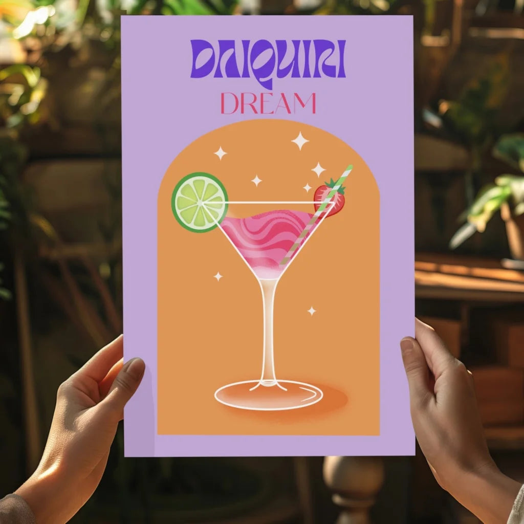 Vibrant lavender-framed daiquiri dream insigne aluminum print with pink cocktail