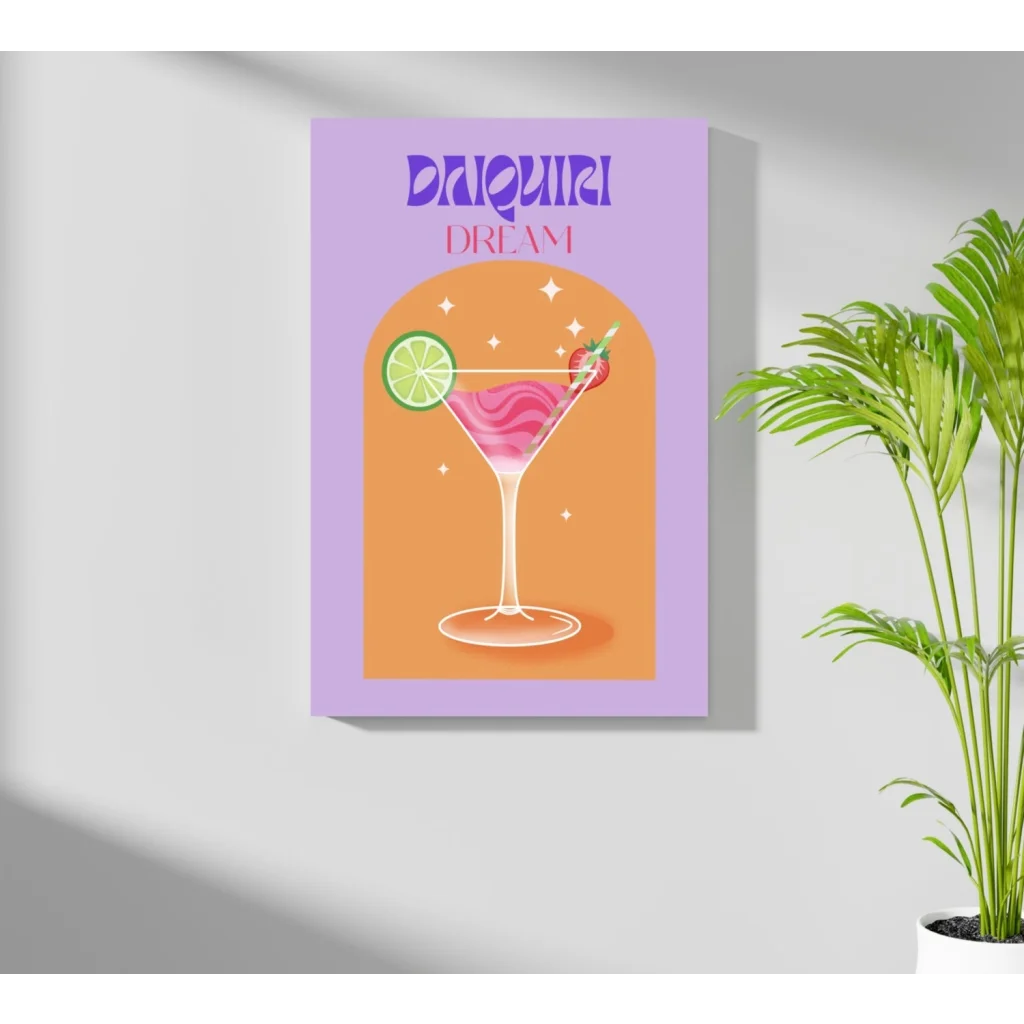 Vibrant purple orange Daiquiri Dream insigne aluminum print with pink daiquiri glass