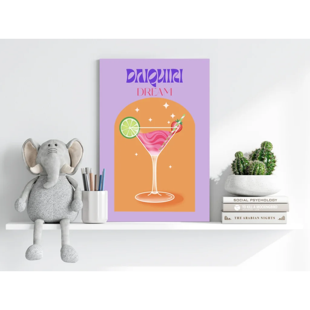 Daiquiri Dream insigne aluminum print of purple orange daiquiri with pink cocktail lime strawberry garnish