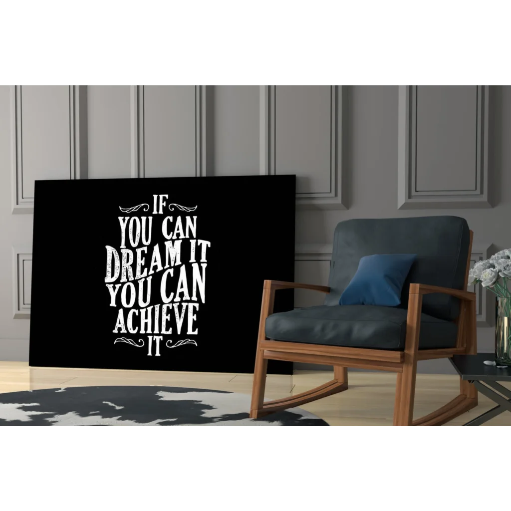 Dream it achieve it black glass wall art with white typography quote