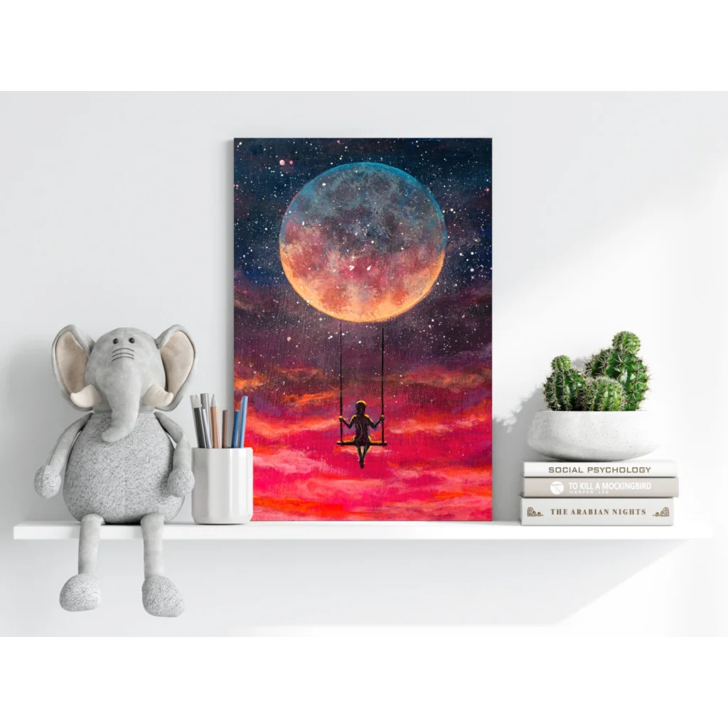 Vibrant silhouette of child on swing under colorful moon in starry sky on Insigne Aluminum Prints