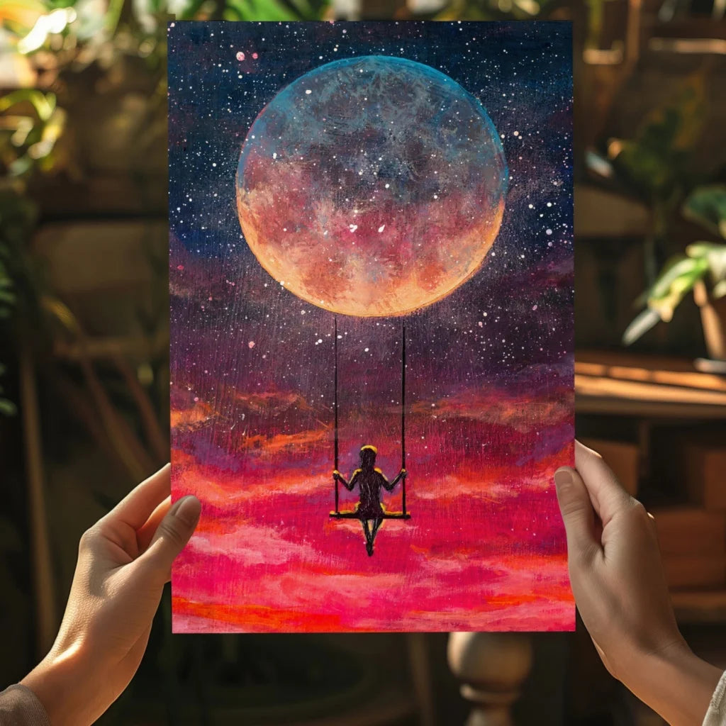 Vibrant cosmic moon swing silhouette on Insigne aluminum print