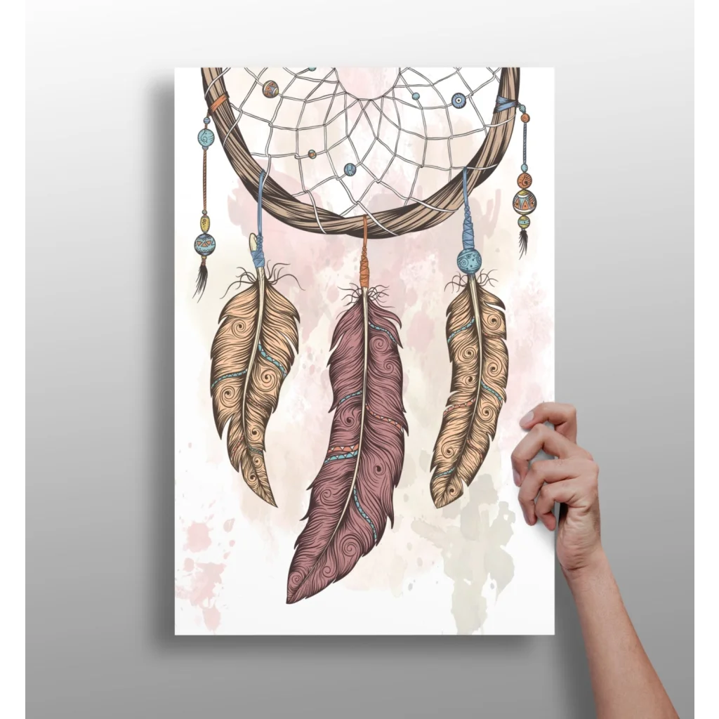 Hand holding stunning dreamcatcher insigne aluminum print with feathers