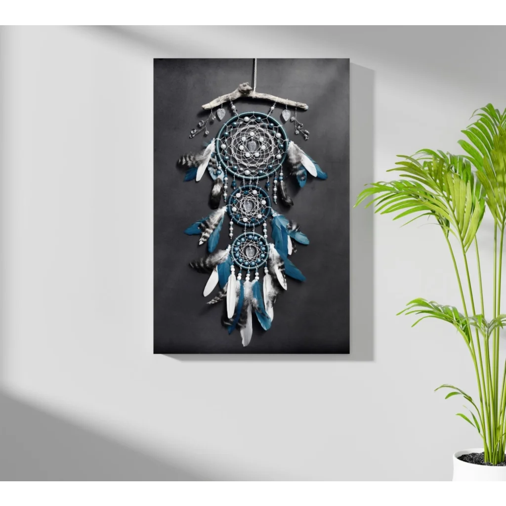 Teal dreamcatcher insigne aluminum print wall art with feathers and beads