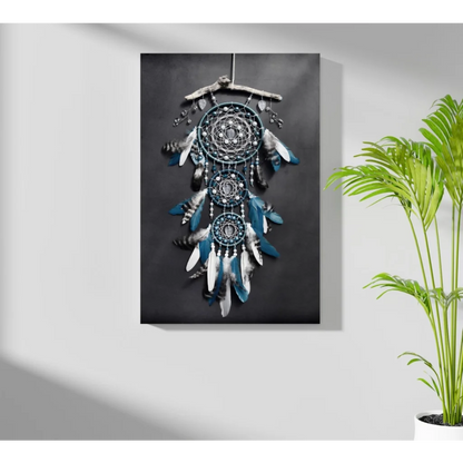Teal dreamcatcher insigne aluminum print wall art with feathers and beads