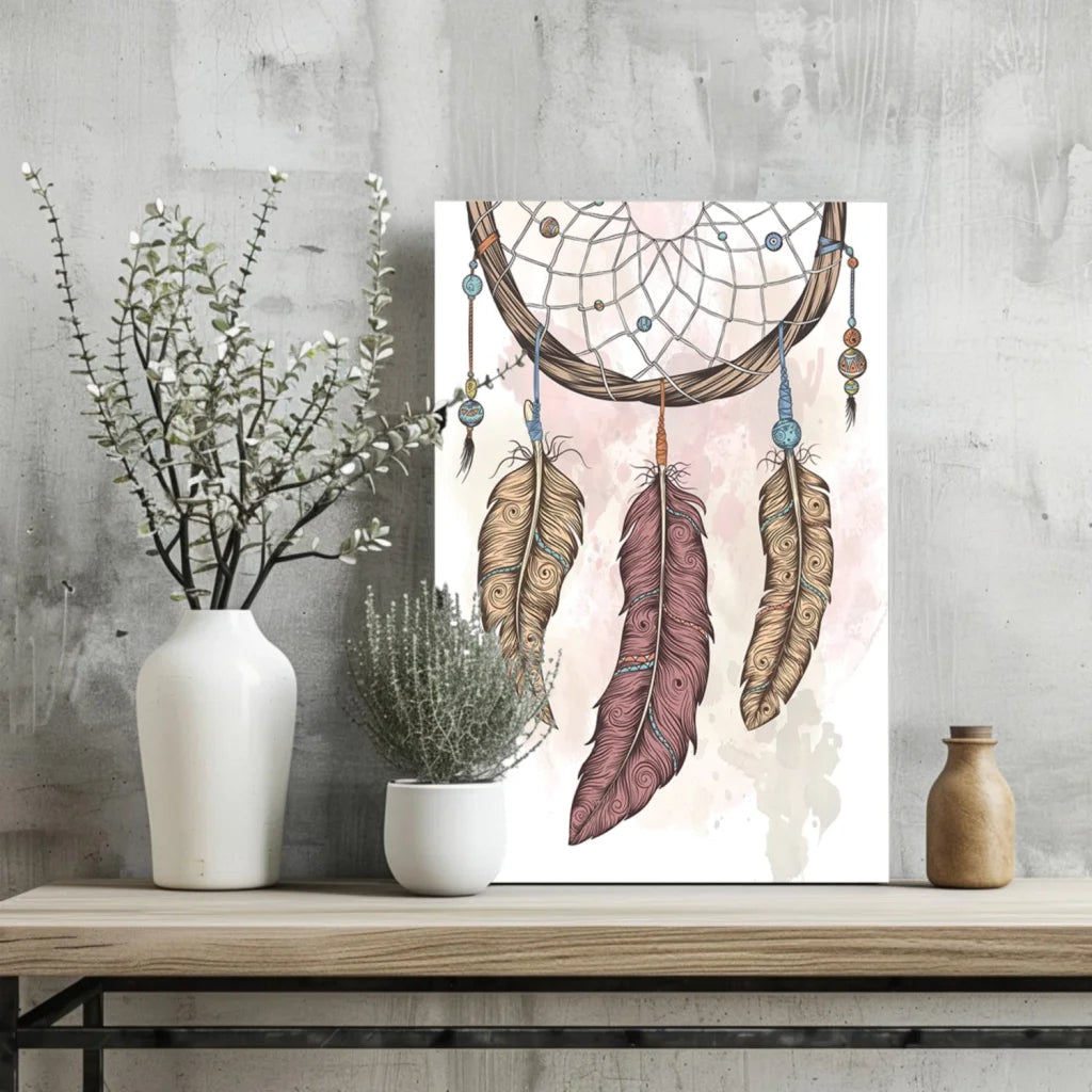 Watercolor dreamcatcher on insigne aluminum print with brown mauve feathers