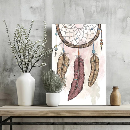 Watercolor dreamcatcher on insigne aluminum print with brown mauve feathers