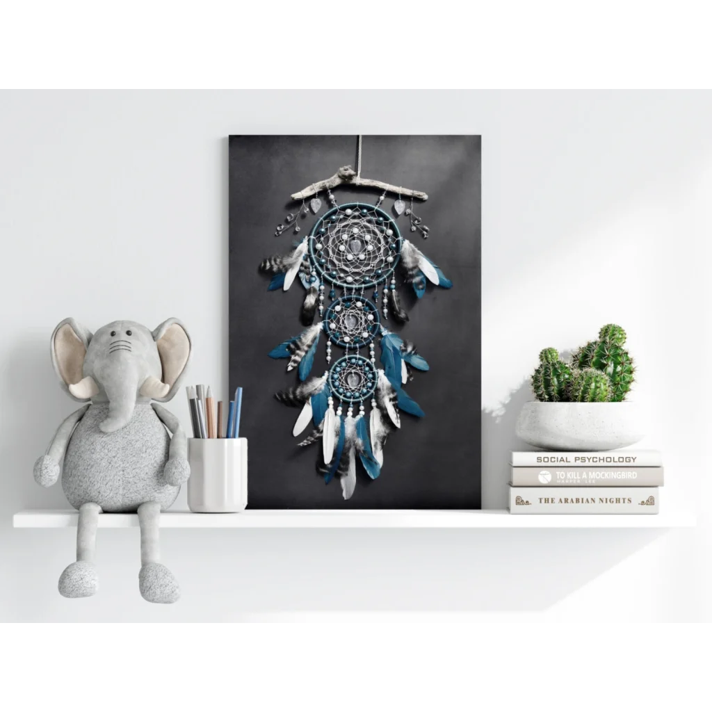 Teal dreamcatcher insigne aluminum print on dark canvas