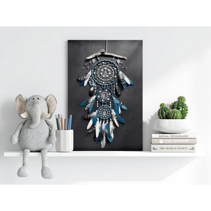 Teal dreamcatcher insigne aluminum print on dark canvas