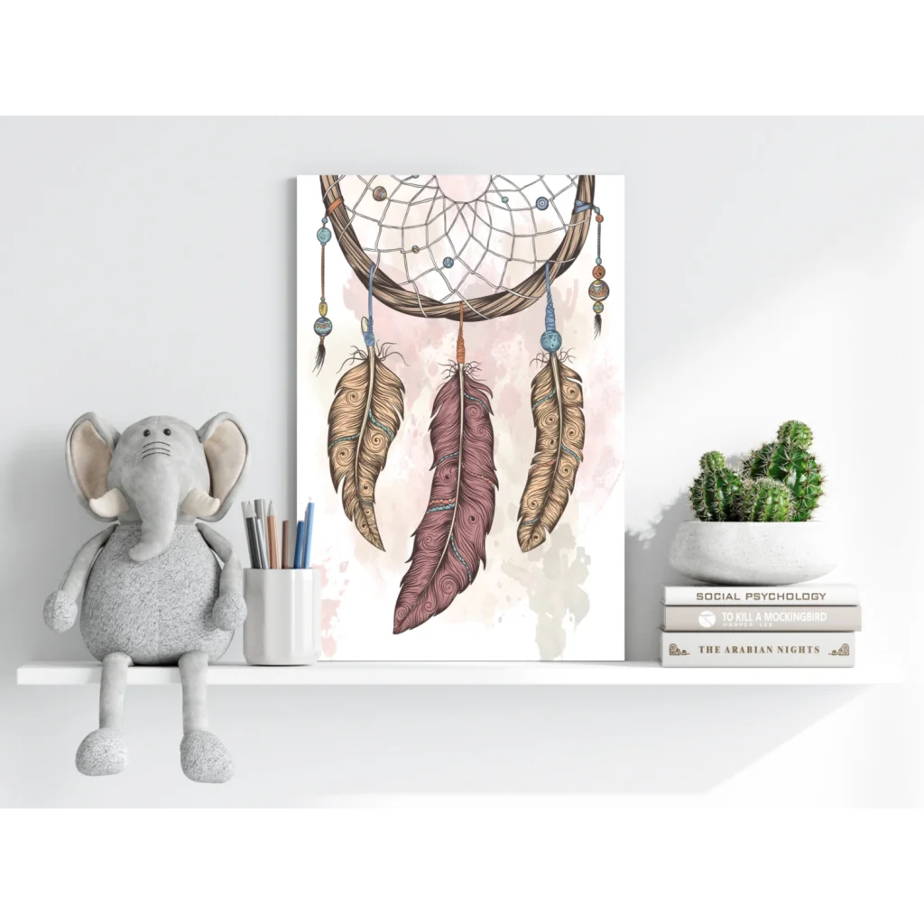 Stunning dreamcatcher insigne aluminum print with brown burgundy feathers
