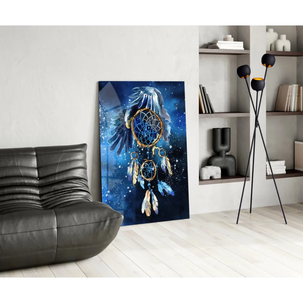 Vibrant blue dreamcatcher wall art with golden webbing and feathers