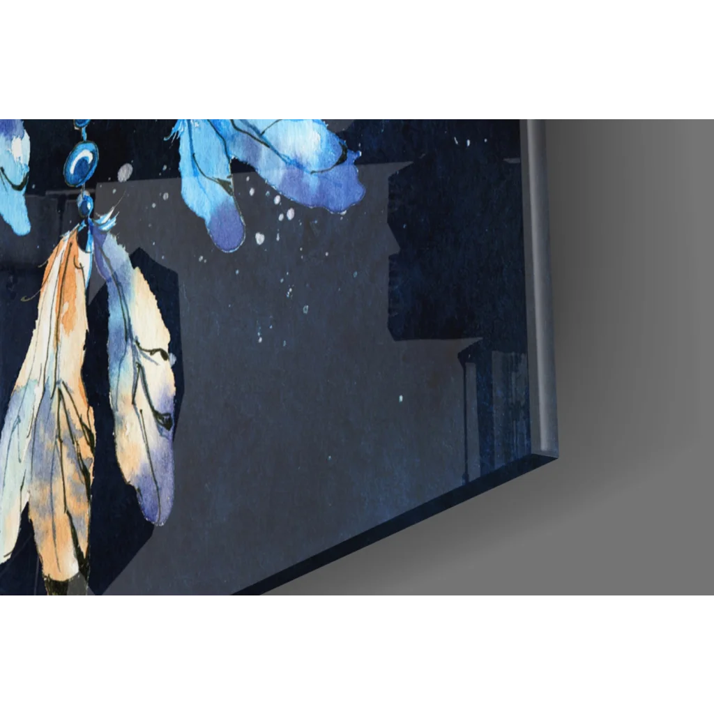 Mystical blue dreamcatcher wall art with watercolor feathers and golden details