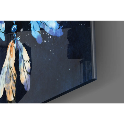 Mystical blue dreamcatcher wall art with watercolor feathers and golden details