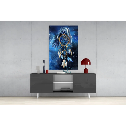 Vibrant blue dreamcatcher glass wall art with golden feather details