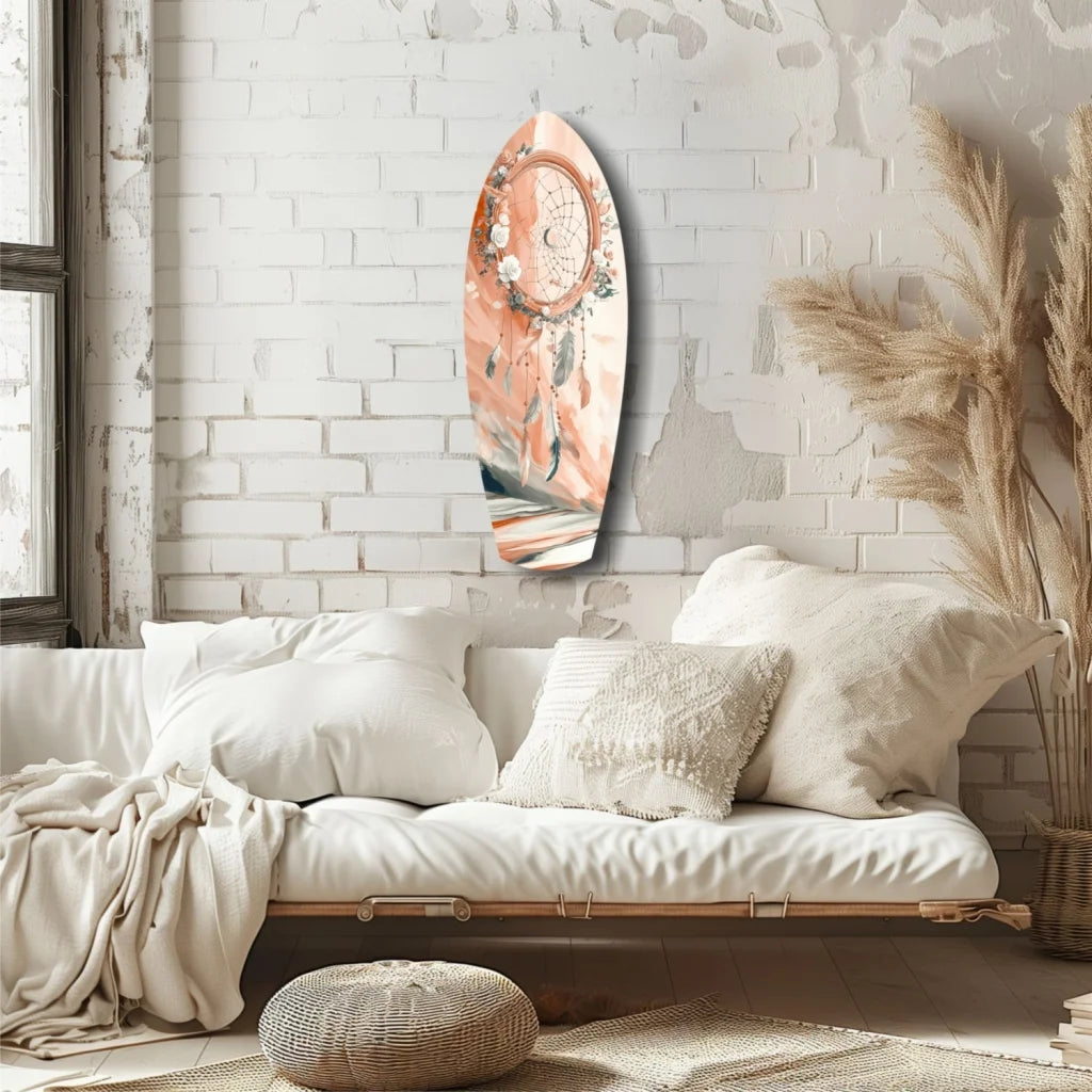 Peach dreamcatcher surfboard tempered glass art with florals