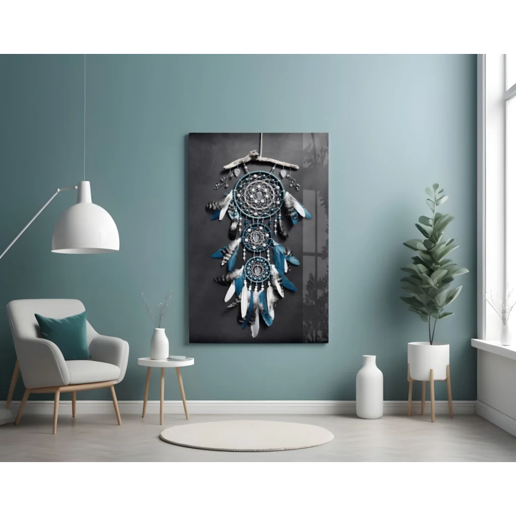Stunning teal dreamcatcher wall art with blue feathers and beads