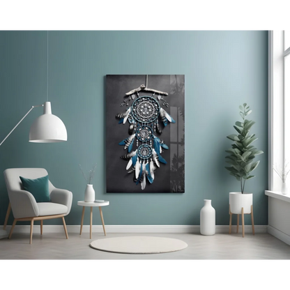 Stunning teal dreamcatcher wall art with blue feathers and beads