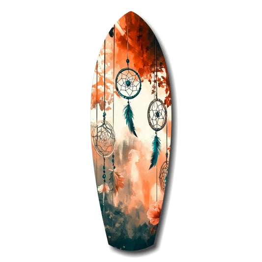 Surfboard dreamcatcher tempered glass art in teal orange hues