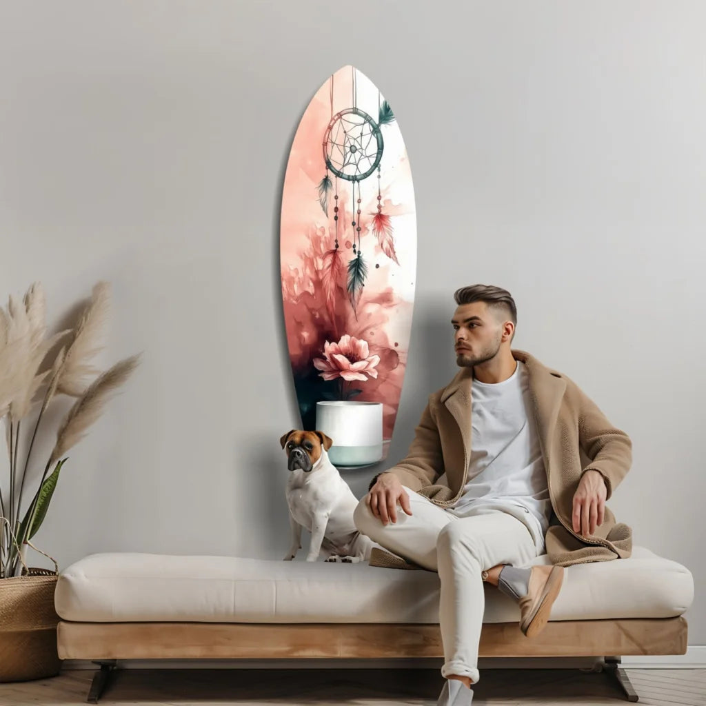 Vertically oriented Dreamcatcher Surfboard tempered glass art with pink florals