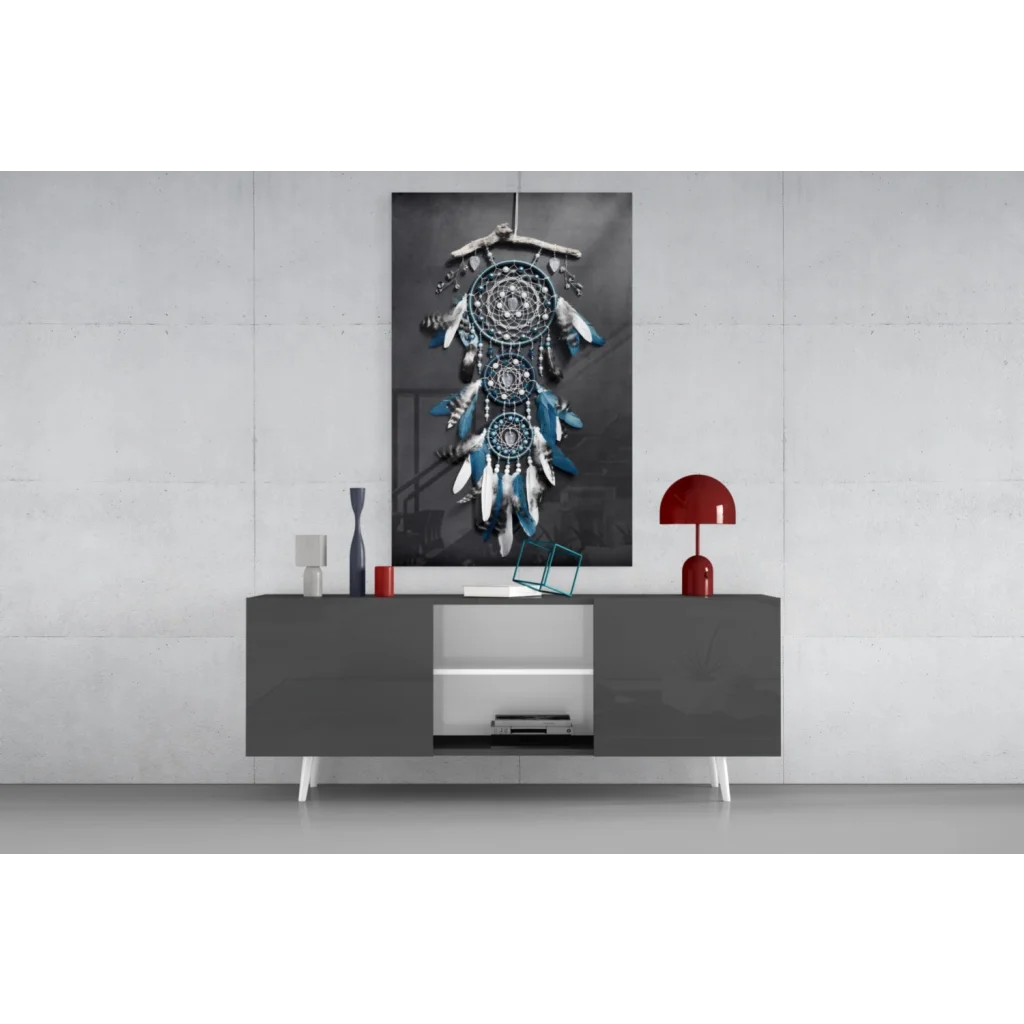 Stunning teal dreamcatcher wall art with feathers, beads, and intricate patterns