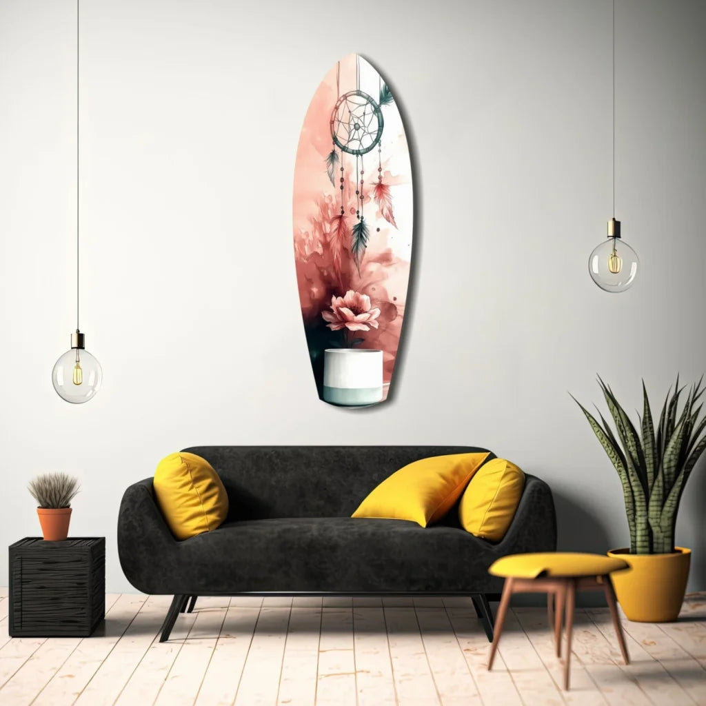 Dreamcatcher surfboard tempered glass art with pink florals